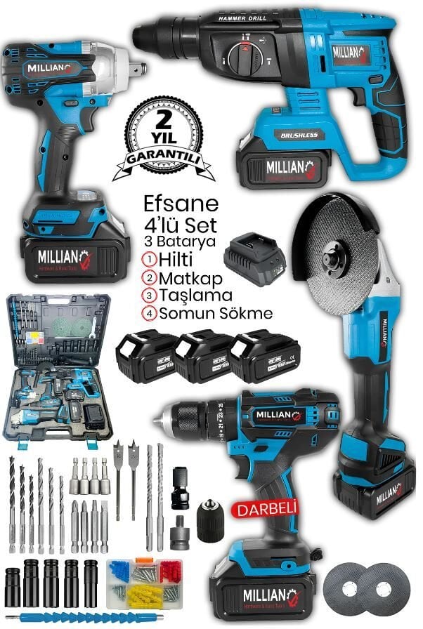 3 Bataryalı Profesyonel Şarjlı 4'lü Set 2-26 Hilti - Taşlama - 13 mm Darbeli Matkap - Somun Sıkma