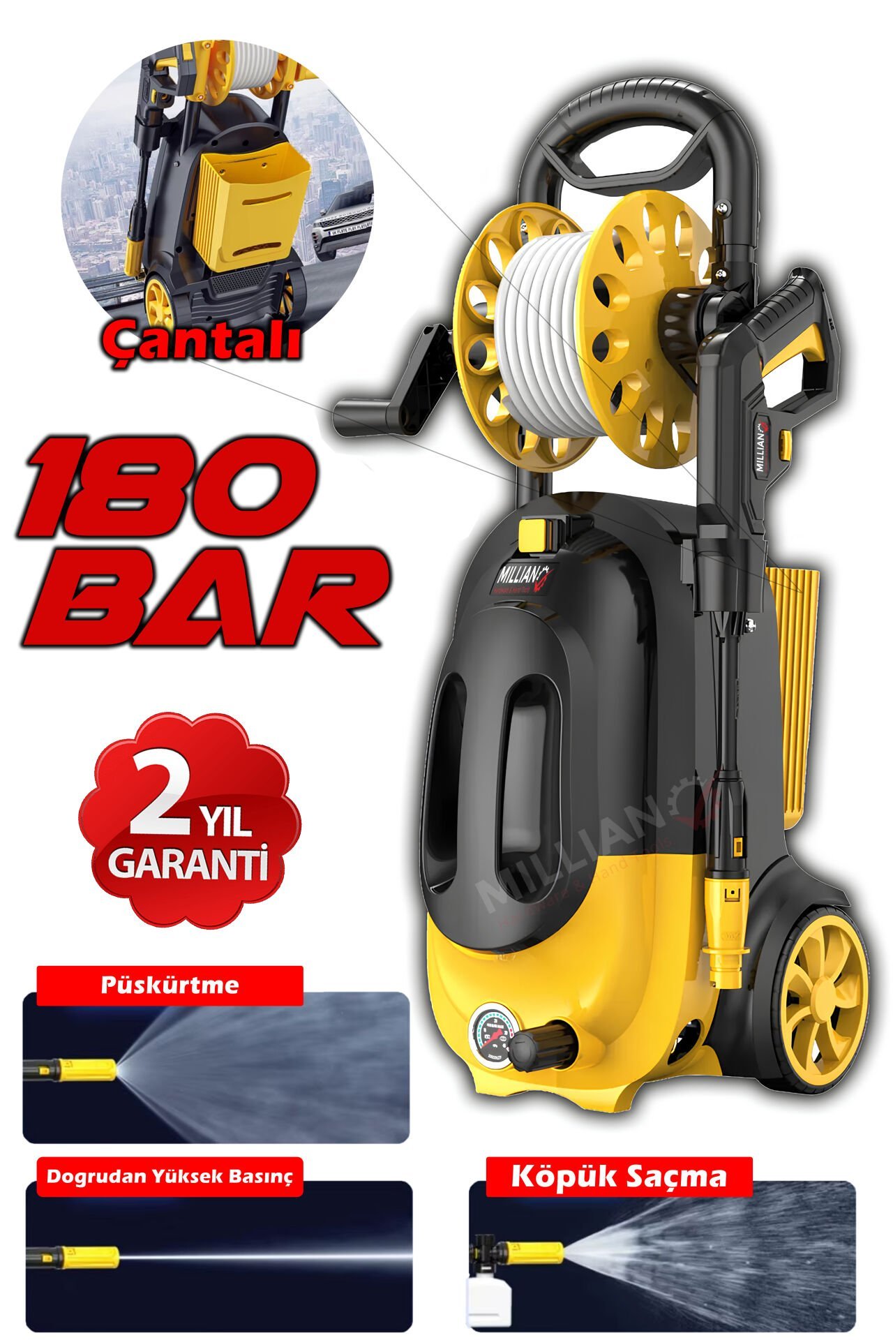 Millian İtalyan 180 Bar - 4500 W Bakır Sargılı Yüksek Basınçlı Çok Amaçlı Araba Bahçe ve Oto Yıkama Makinesi