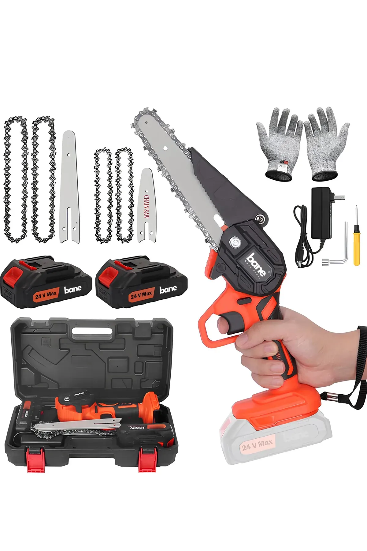 Çift Akülü Çelik Şanzuman Şarjlı Ağaç Dal Budama Kesme Bıçkı Testere 17 Cm-25 Cm (2 Pala + 4 Zincir)