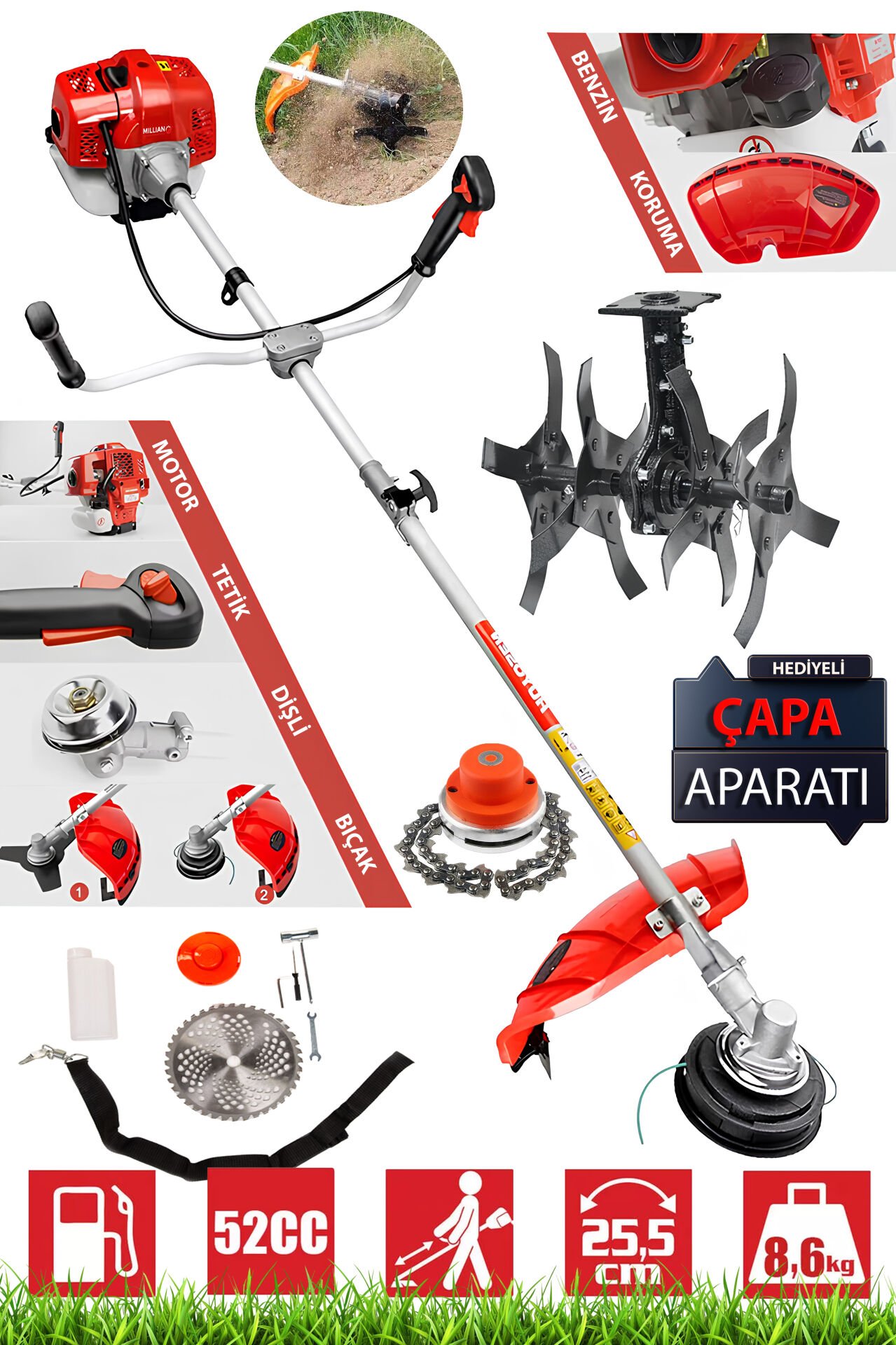 11.5 Hp Yan Tip Benzinli Motorlu Tırpan Çapalama Aparatı Hediye Ot Çalı Çim Biçme Makinesi