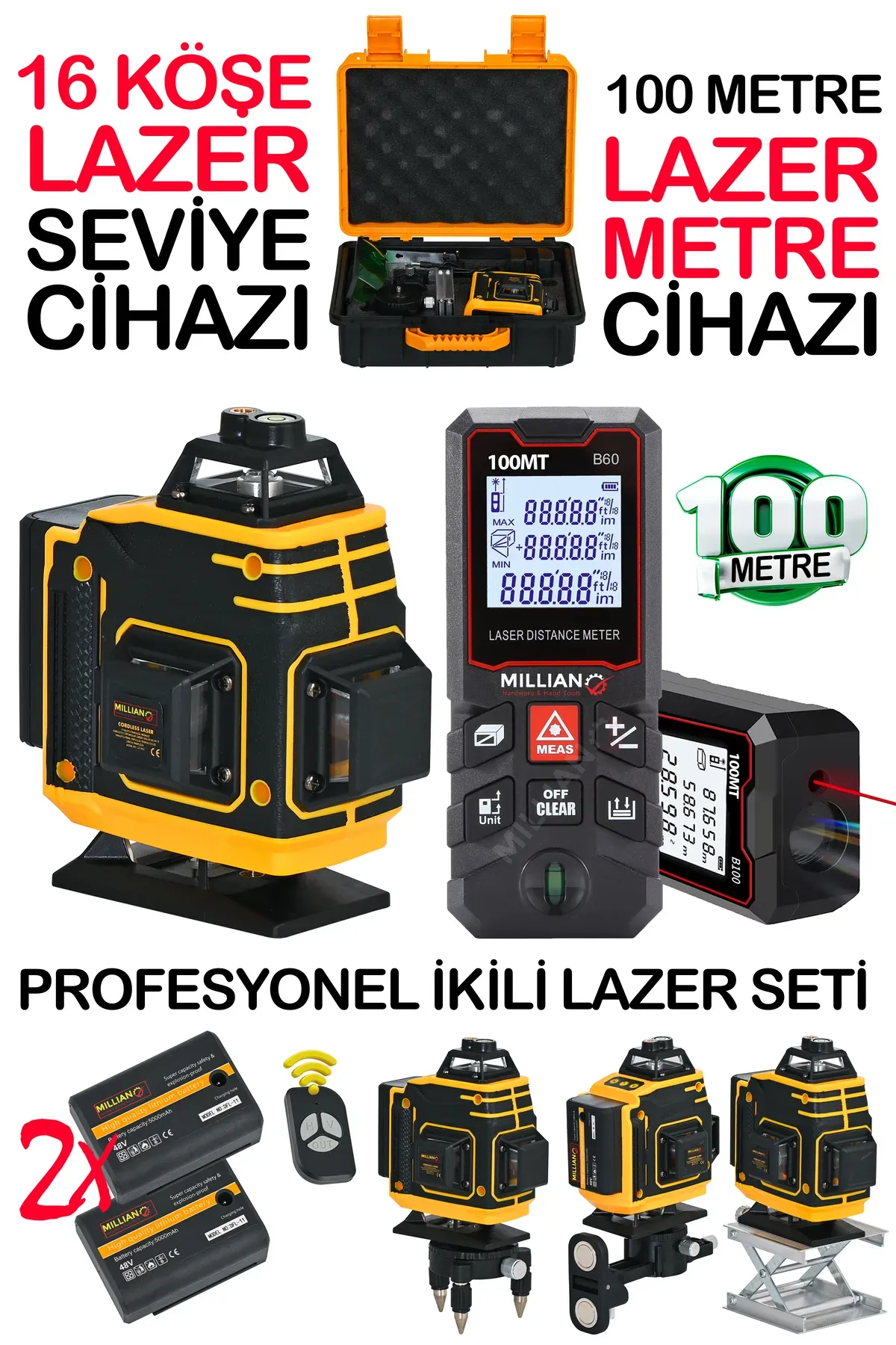 Millian 16 Köşe Çizgi Hizalama Lazer Seviye Hizalama Cihazı + 100 Metre Yüksek Hassasiyet Lazer Metre Ölçer