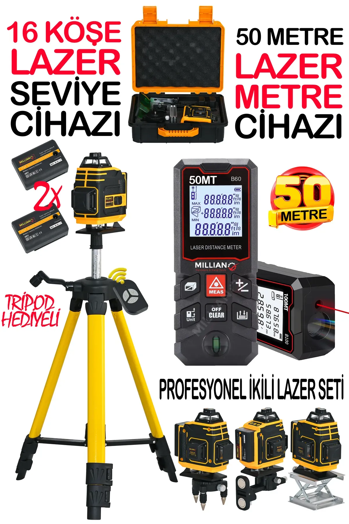 Millian Tripodlu 16 Köşe Çizgi Hizalama Lazer Hizalama Cihazı + 50 Metre Yüksek Hassasiyet Lazer Metre Ölçer