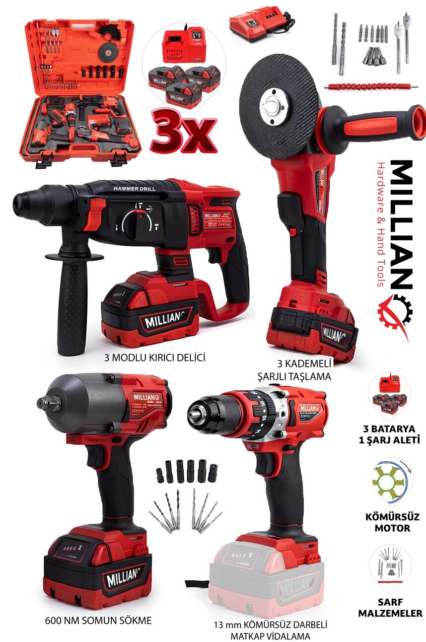 Şarjlı Kırmızı Dörtlü Set Taşlama - 600 NM Torklu Somun Sıkma - Darbeli Matkap  - Kırıcı Delici Hilti